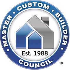 A blue and white logo for the master custom builder council.